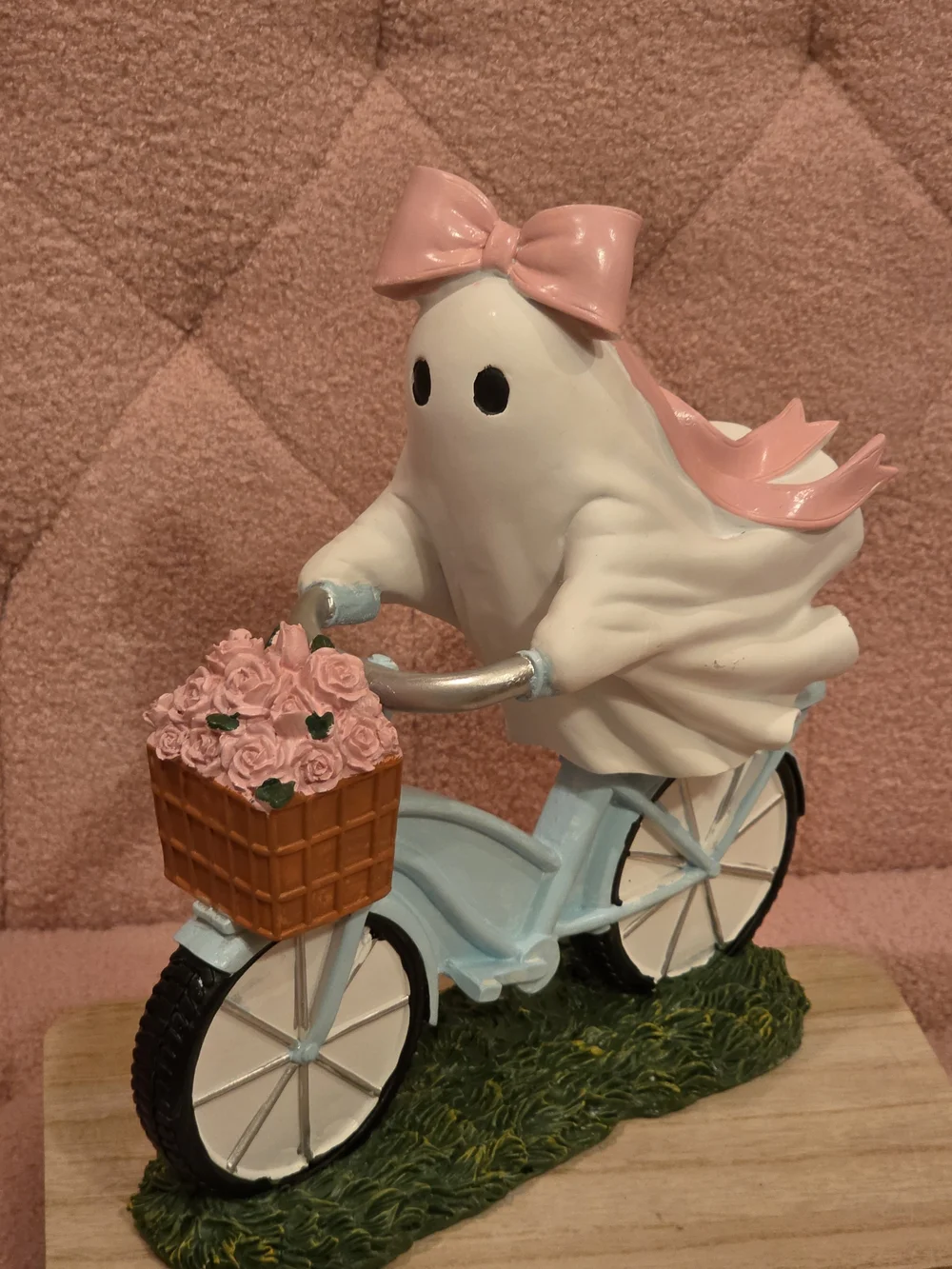 Pink Bow Ghost on Blue Bicycle Figurine with Flower Basket